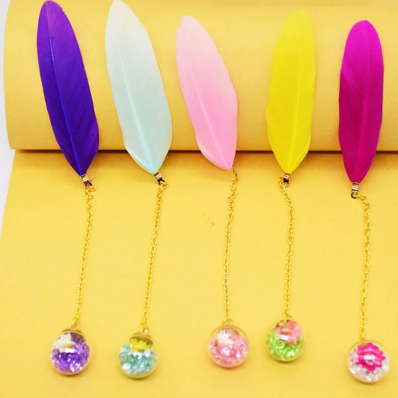1 Pcs Boxed Cute Feather Glass Ball Pendant Bookmarks Colorful Books School Stationery Items Office Supplies bookmarks stationery supplies