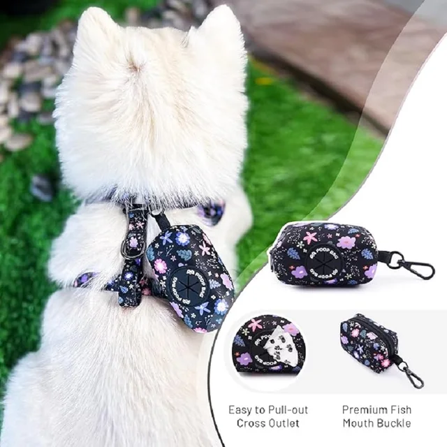 Dog harness collar leash, bracket with poo bag 4 sets, adjustable non-pull soft net cushion back heart, combination 3