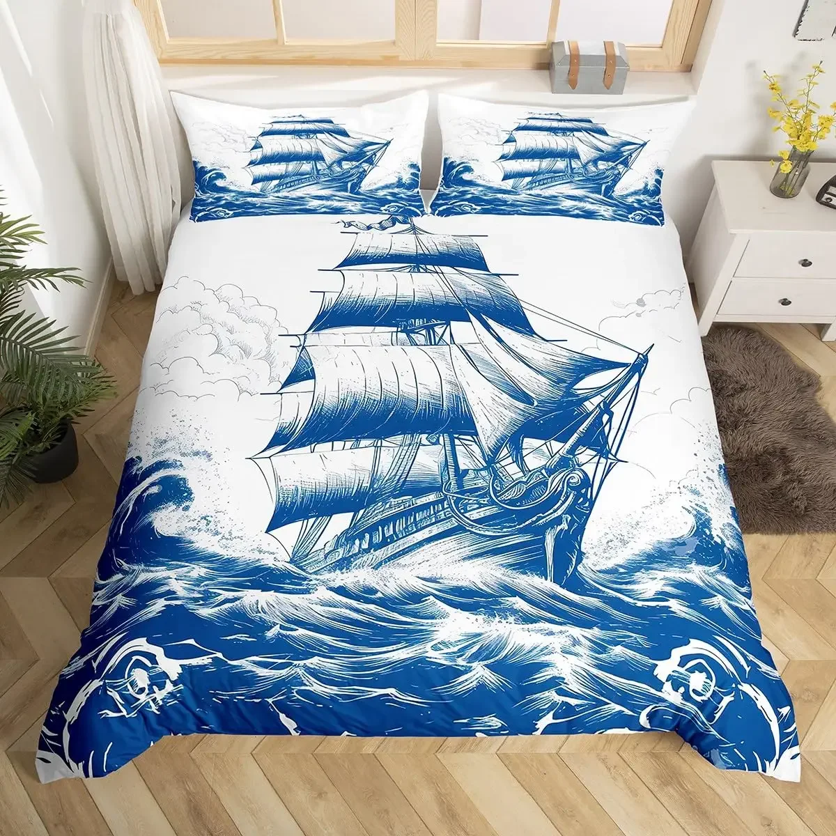 Sailboat Bedding Set Sailing Ship Comforter Cover Ocean Wave Nautical Duvet Cover For Kids Boys Girls Cartoon Ship