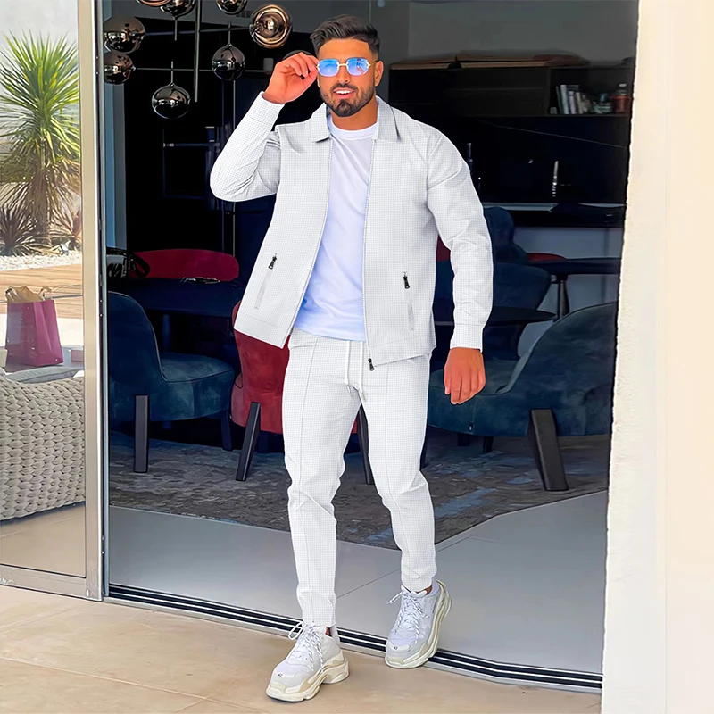 

Куртка мужская однотонная с карманами, Модный комплект одежды из 2 предметов, пальто с длинным рукавом и штаны на шнурке, спортивный костюм, осень