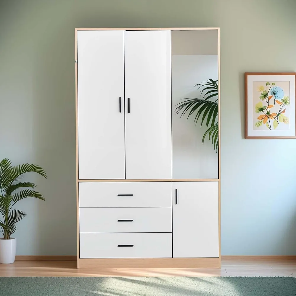 Armoire Wardrobe Closet with Mirror, 3 Door 3 Drawers Wood Closet Wardrobe Cabinet, with Hanging Rod Children's Wardrobes 4
