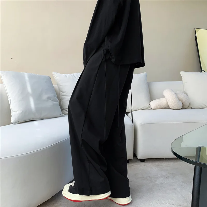 Korean Vintage Design Lace Up Suit Pants for Men's Spring Summer Straight Leg Wide Leg Casual Baggy Pants Street Men Clothing