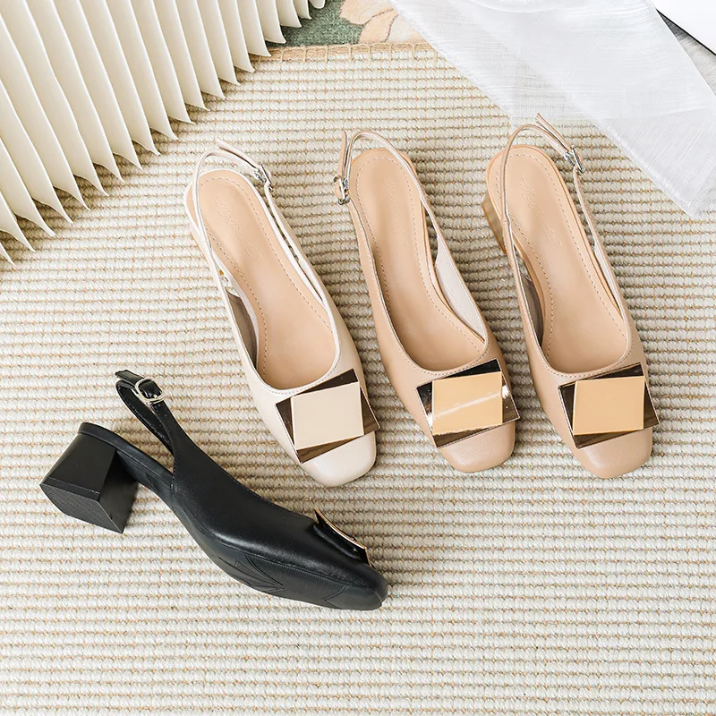 Women Genuine Leather Pumps Slingback Punk Studs Rivet Shoes Square Toe Block High-heels Nude Pump Lady 32-43