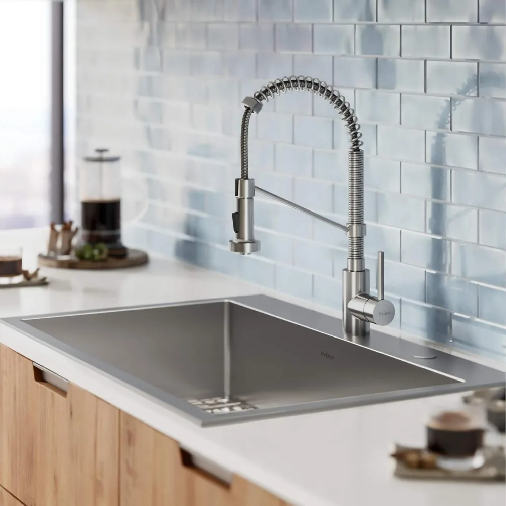 Dual Mount Drop Sink and Pull-Down Commercial Kitchen Faucet Combo in Stainless Steel Finish, 33"- Single Bowl
