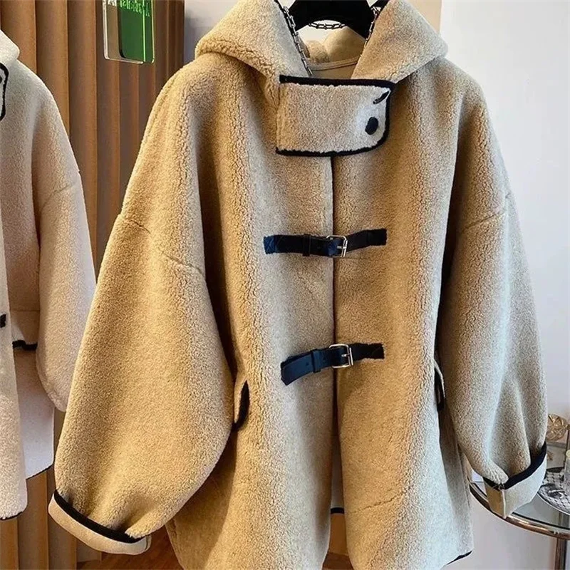 Hooded Lamb White Early Winter Coat Women's Korean Version Loose Fashion Versatile 2023 New Coat Thickened Top Commuter P252