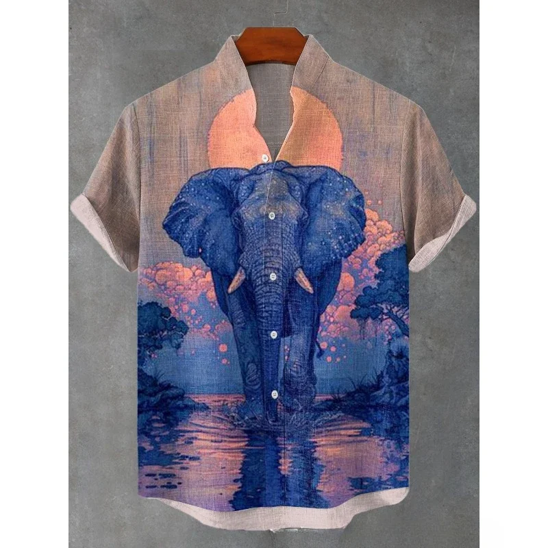 Ethnic Tribal Pattern Elephants and Leaves Printing Short Sleeve Shirt Cool Blouses Summer Stand Collar Shirts Men Hawaiian Tops 3