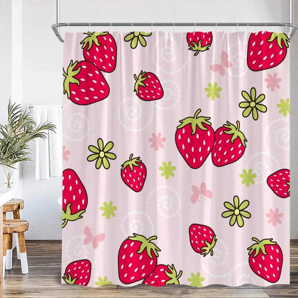 Strawberry Girl Pink Shower Curtain Bathroom Decor Fruit Summer Kids Bowknot Pattern Chic Modern Woman Polyester Bathtub Curtain 4
