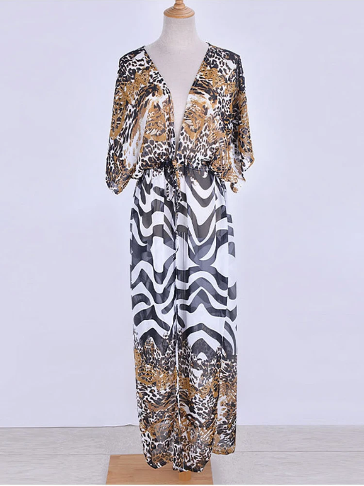Bikini Cover Up Chiffon Beach Kimono Women Leopard Printed Long Cape for Swimsuit Tunic Summer Beach Wear Factory Supply 6