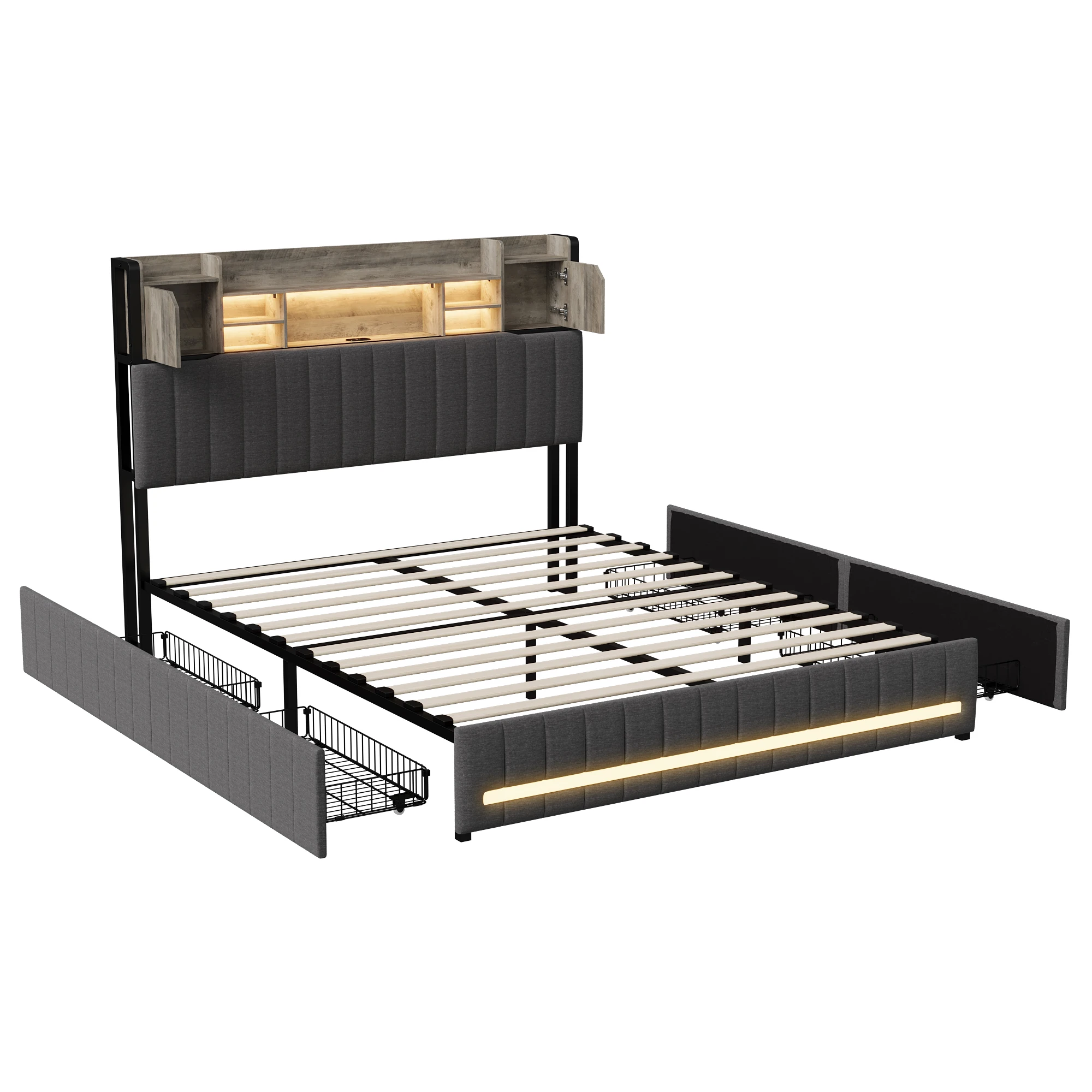 Comanlai Polsterbett mit LED, Kopfteil mit Stauraum, Doppelbett mit 4 Schubladen, Bettgestell mit Rückenlehne und Lattenrost, Leinen – Detail 7