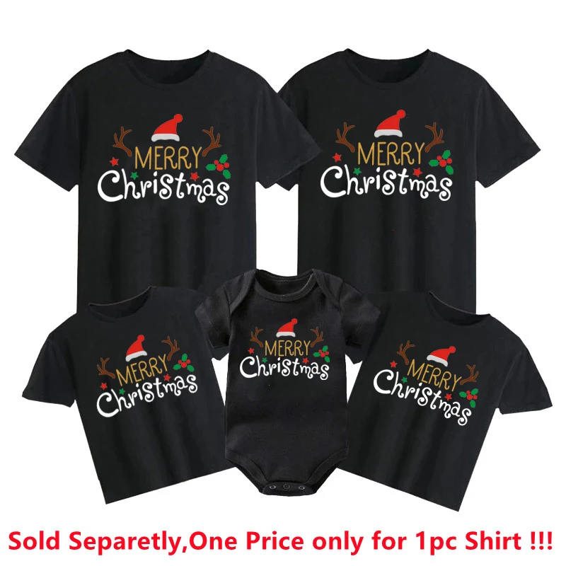 Ropa a juego familiar con estampado de Feliz Navidad, camisetas de algodón para papá y mamá, monos para bebés, camisetas familiares navideñas