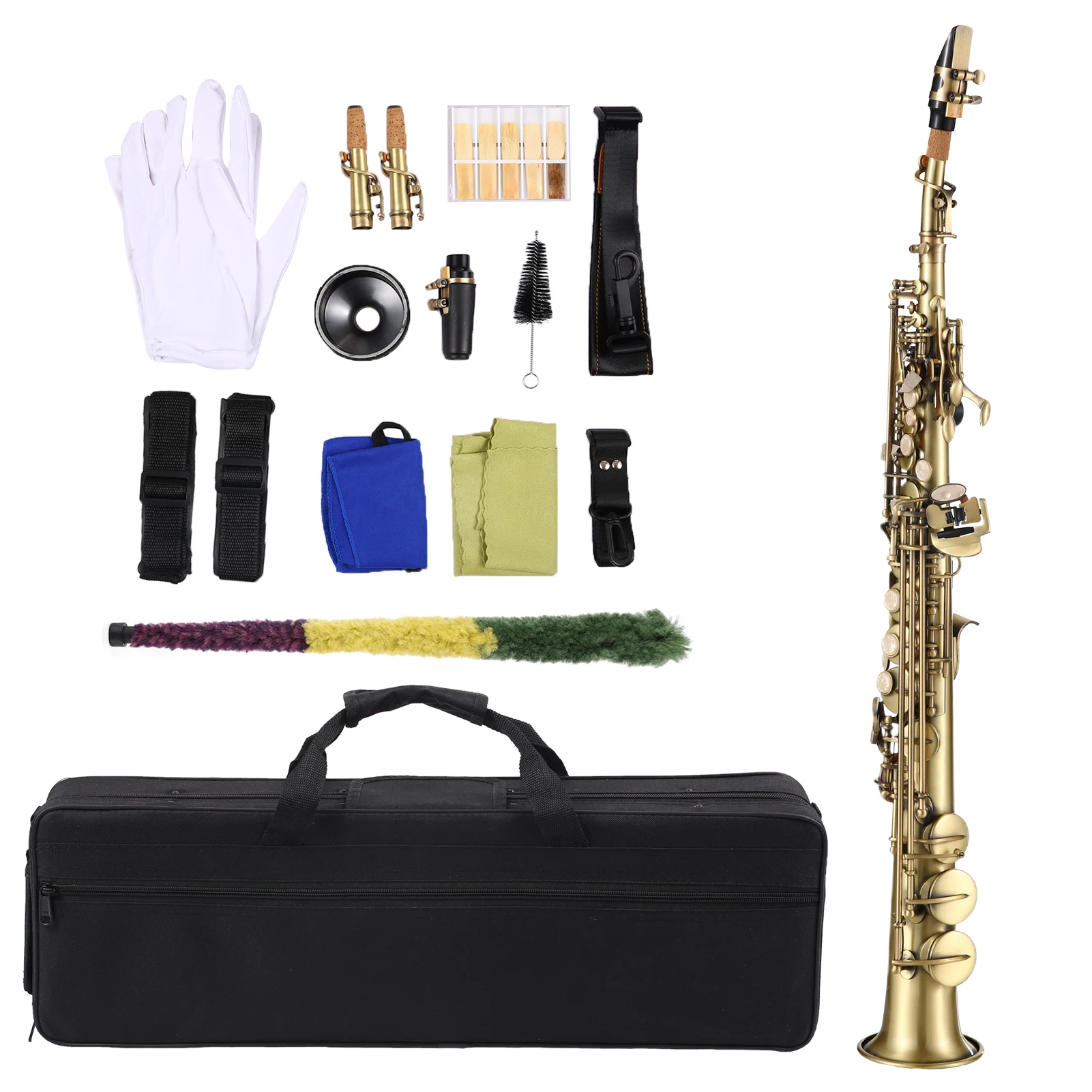 Professional Brass Straight Bb Soprano Saxophone Nickel Plated Sax Mouthpiece Reed Cleaning Kit Gloves Straps Carrying Case