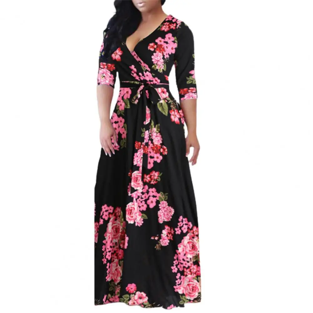

Летнее женское платье-макси с длинным рукавом и цветочным принтом