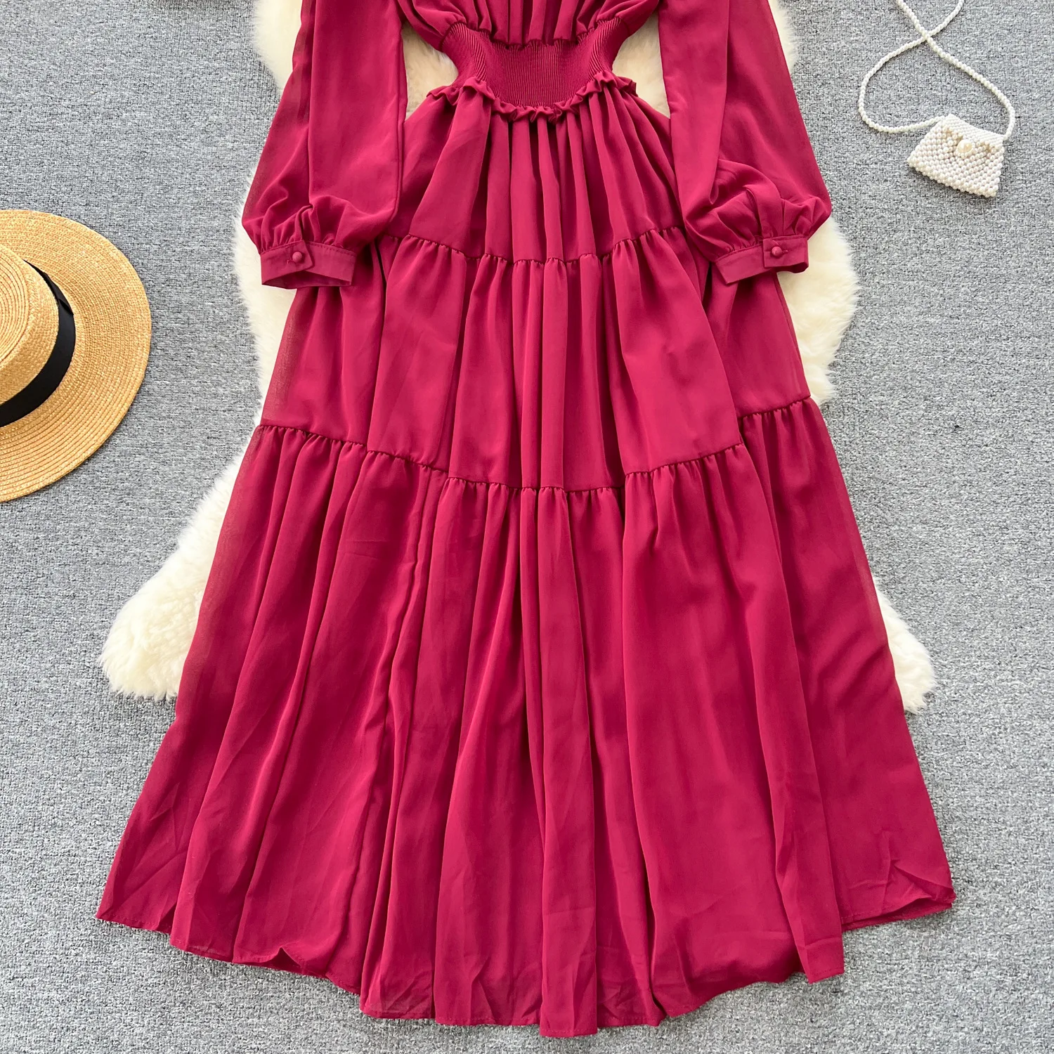 Vintage Chiffon Long Dress Women Elegant V-neck Long Sleeved Casual Dresses French Pleated Slim A-line Long Robe Vestidos