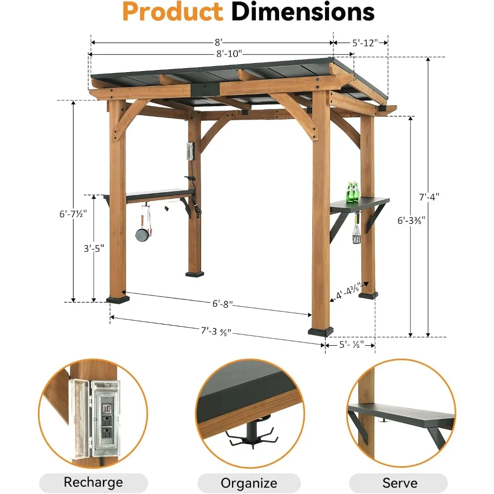 Modern shaded BBQ gazebo 6' X 8', cedar wood gazebo, terrace gazebo with galvanized steel roof 2