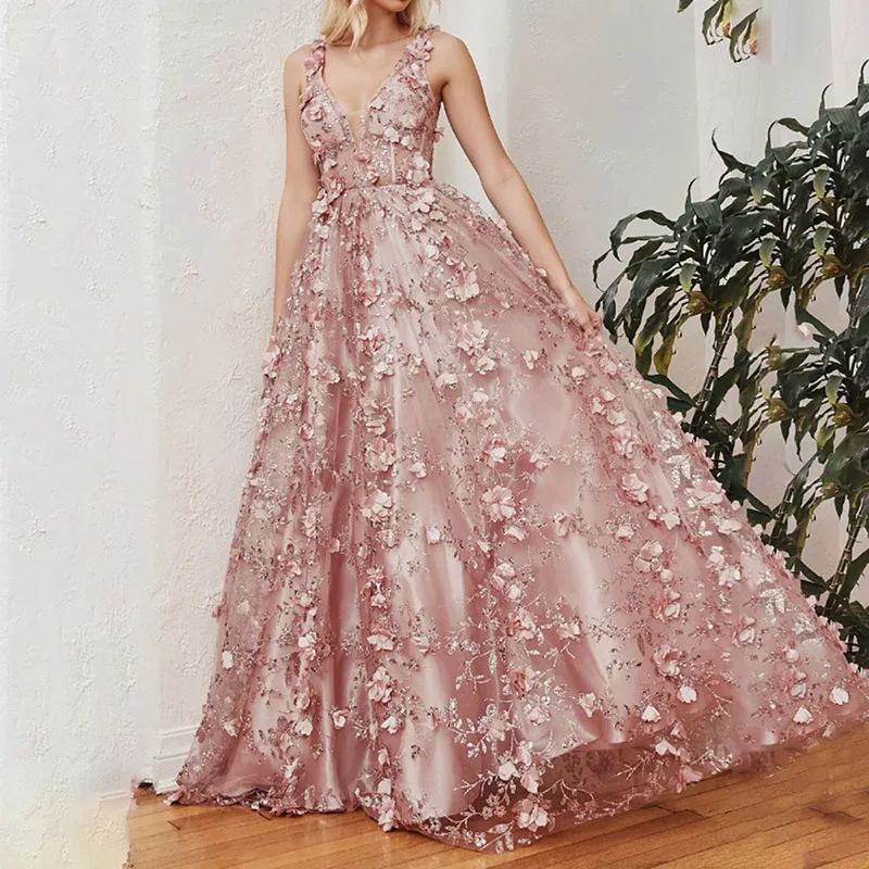 Prom Dresses For Woman Pink Lace Appliques Sleeveless Floor-Length Sweep Train Formal Occasion Party Evening Gown Elegant Hot