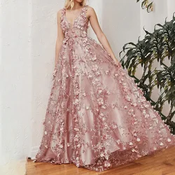 Prom Dresses For Woman Pink Lace Appliques Sleeveless Floor-Length Sweep Train Formal Occasion Party Evening Gown Elegant Hot