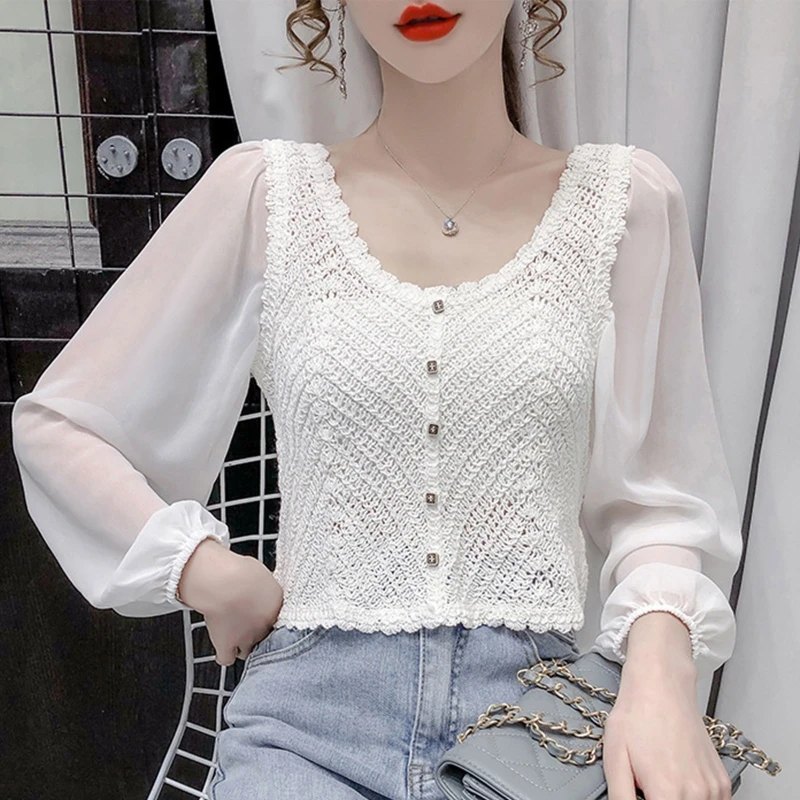 여성 쉬폰 퍼프 긴 소매 자르기 가디건 라운드 넥 버튼 크로 셰 뜨개질 블라우스