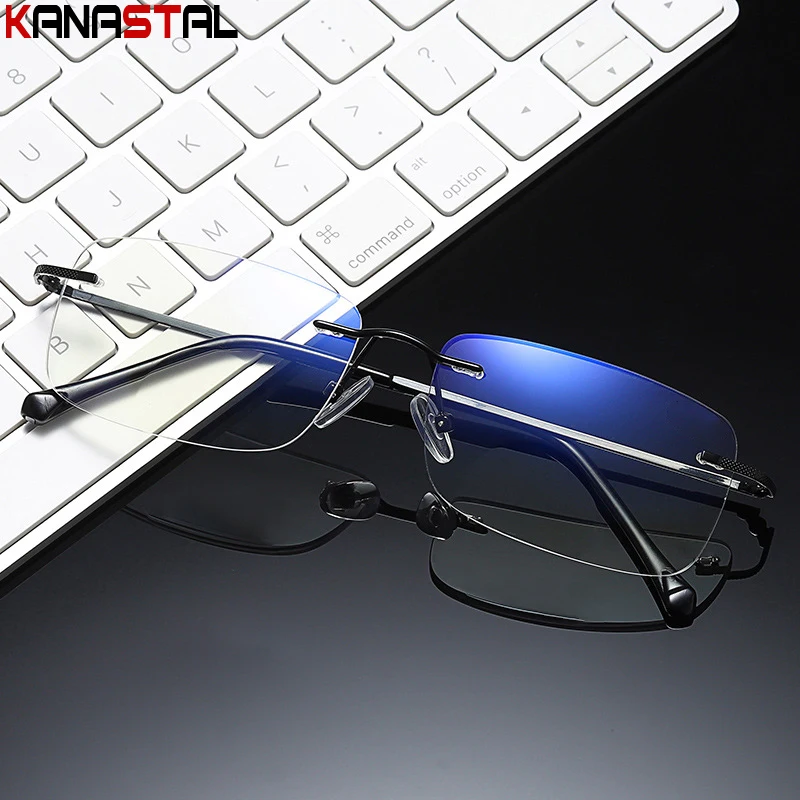 Men's Anti Blue Light Blocking Reading Glasses Cut Frameless Metal