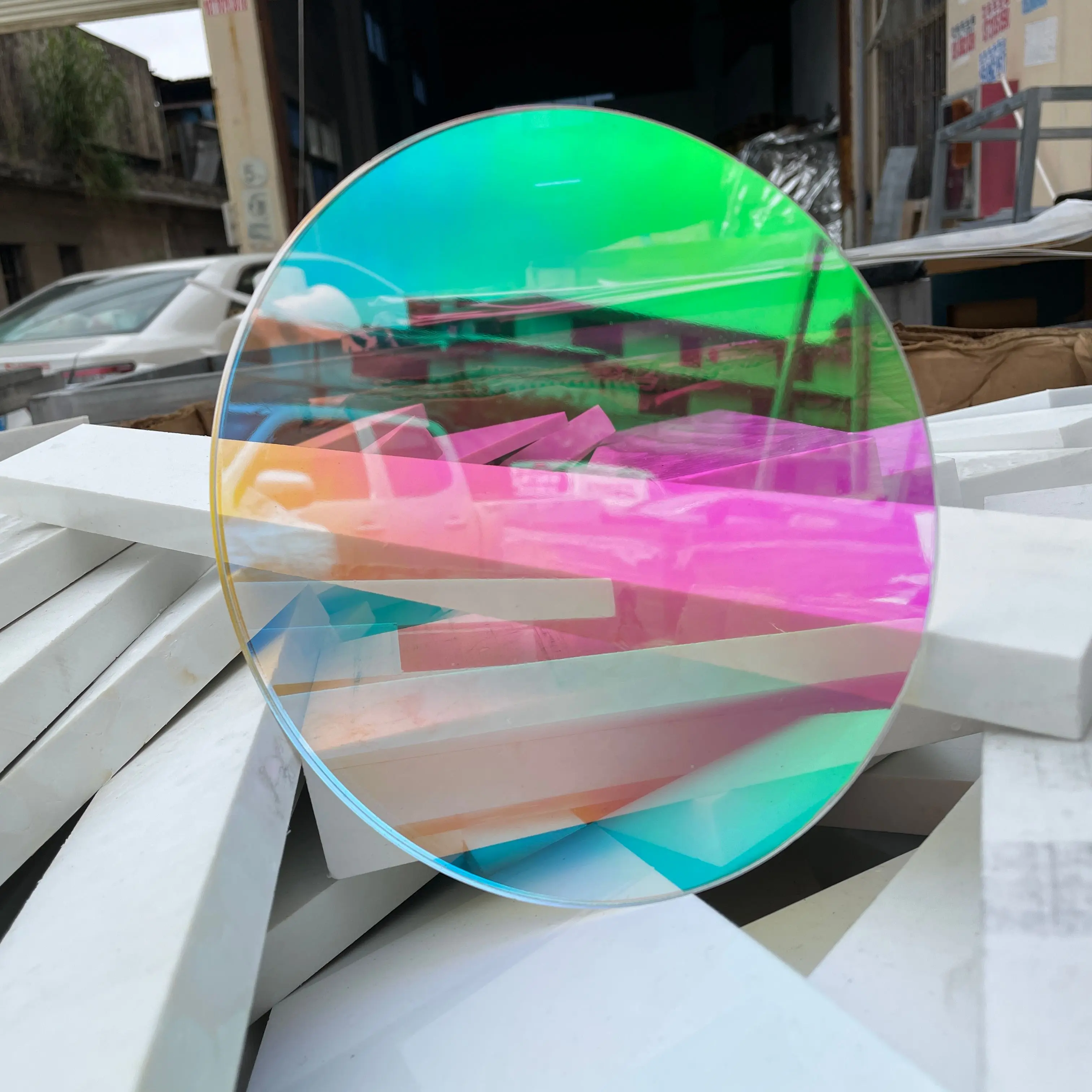 Panneau arc-en-ciel en plexiglas laser de forme ronde, feuille irisée et  rayonnante, acrylique, décoration publicitaire, PMMA