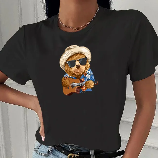 Fashion Bear Print Women T-Shirt Harajuku Round Neck Casual Loose Short Sleeve Summer Slim Soft Tops Clothing Hip Hop Streetwear 2bear012