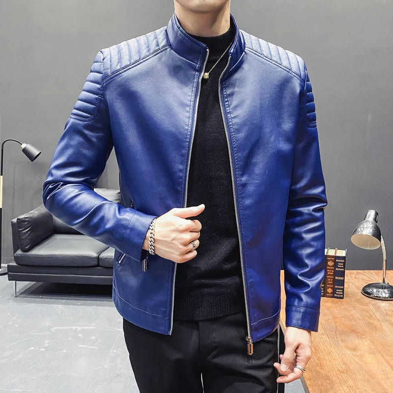 2023 Spring Mens Fashion Leather Jacket Solid Color Stand Collar Slim