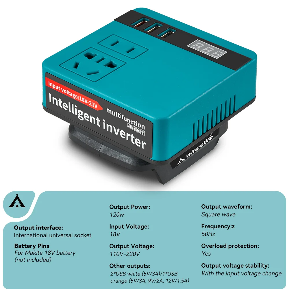 Wireelife-inversor de corriente de 120W, adaptador de fuente de alimentación para electrodomésticos, batería Makita de 18V, DC 18V a 220V