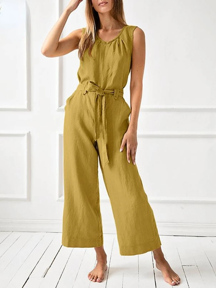 

Summer Sleeveless Work Overalls for Women Casual Loose Solid Jumpsuits Oversize Baggy Cotton Blend Wide Leg Pant Jumpsuit Belt
