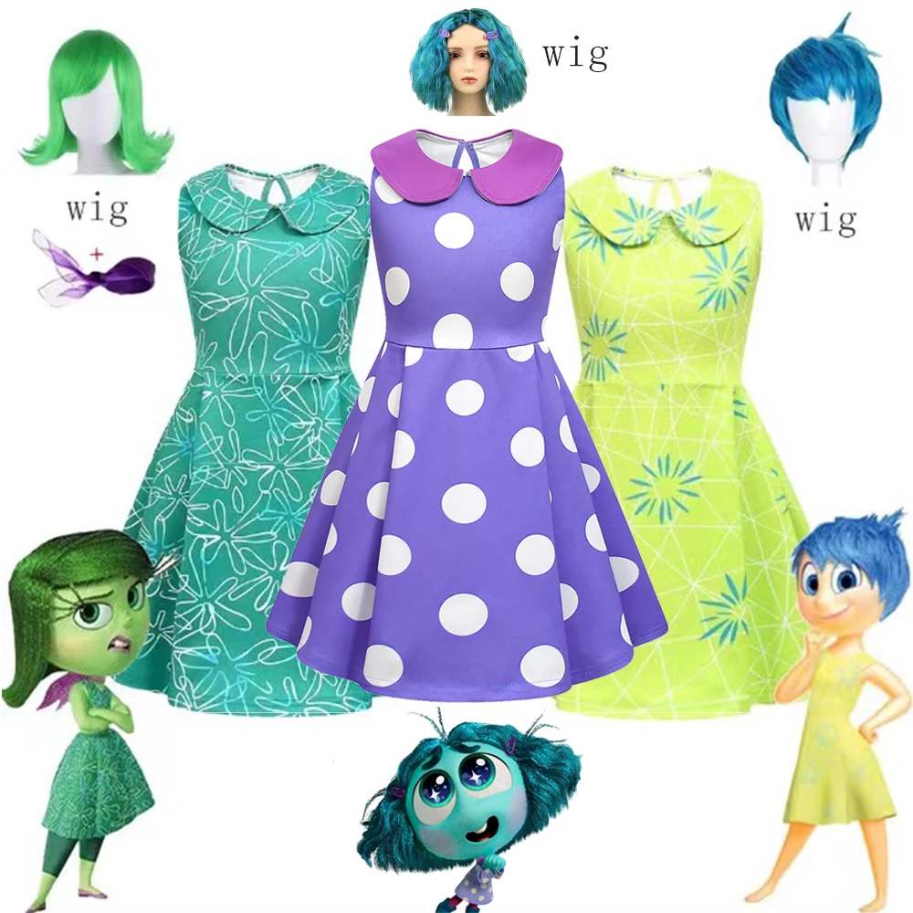 Movie Inside Out 2 Childrens Cosplay Costume Wig Girls Clothing Carnival Halloween Fashion Party Sets cosplay costume,kids girls dress,halloween dress outfit