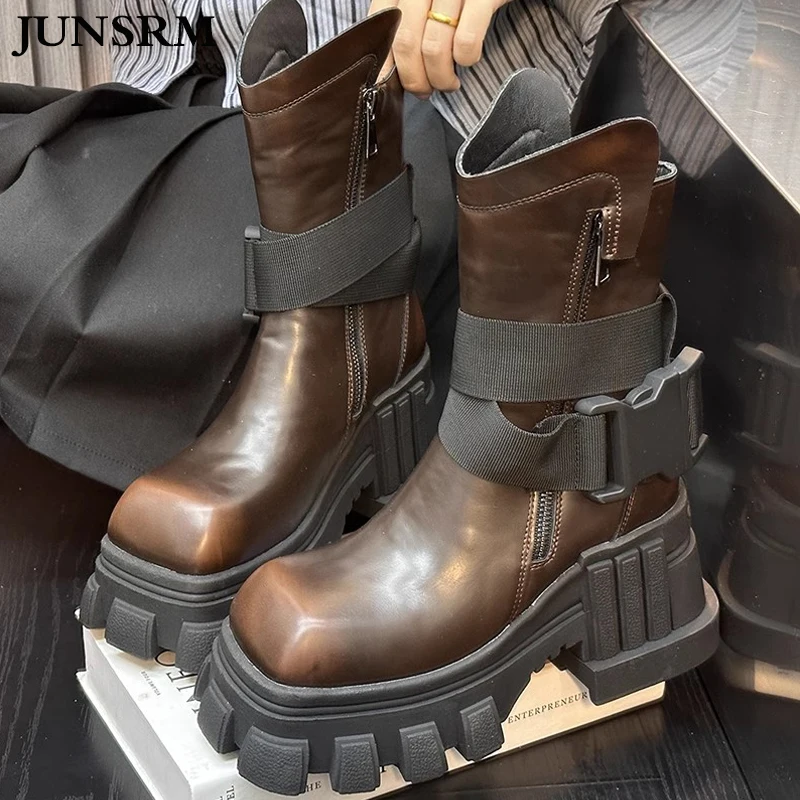 

Genuine Leather Mid-calf Boots Women 2023 New Square Head Thick Bottom Platforms Height Increasing Booties Punk Retro Shoes Lady