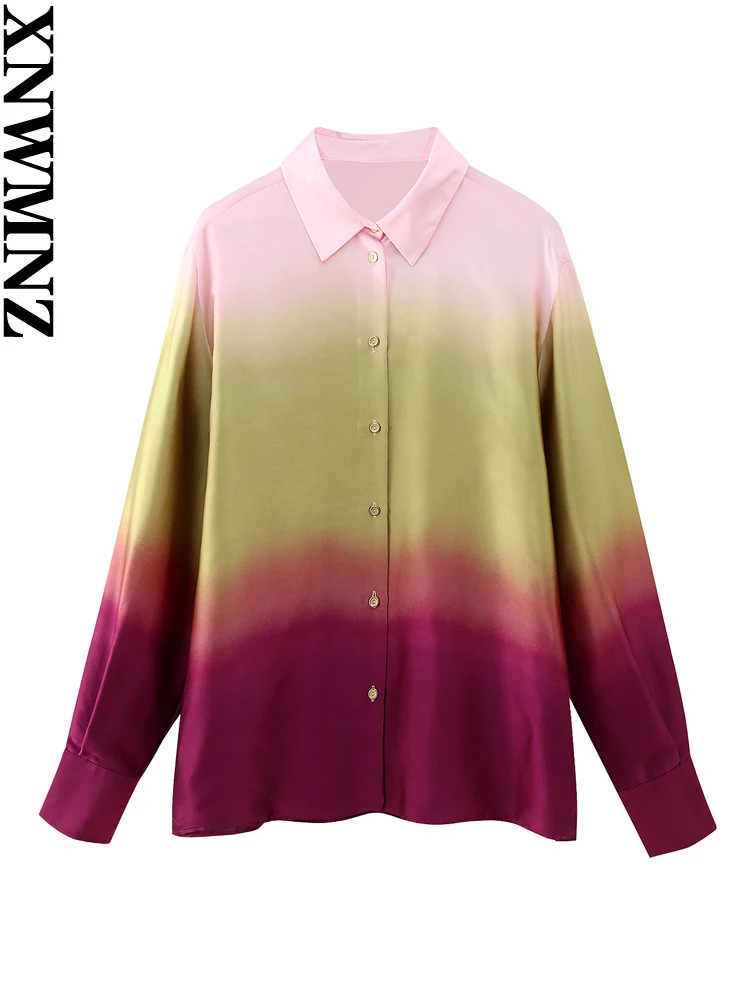

XNWMNZ 2023 Women fashion tie-dyed shirt Woman retro lapel long-sleeved top female chic blouse