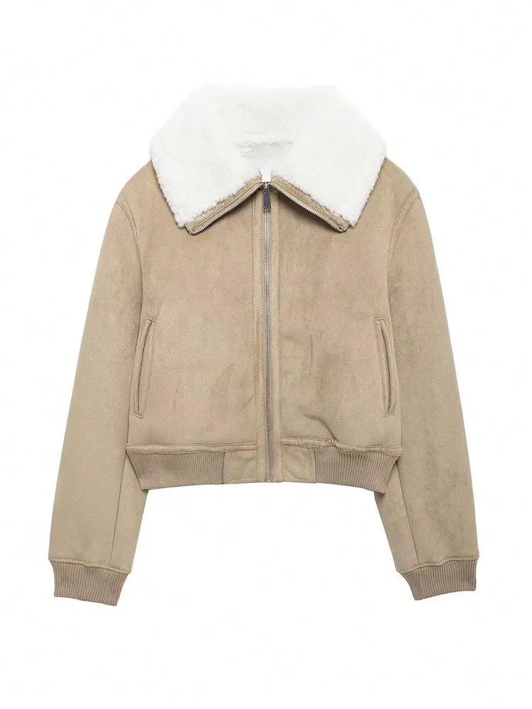 HH Women Elegant Fashion Khaki Coat Turn-Down Collar Long Sleeve Zipper Jacket Female Autumn Winter Warm Thick Outwear