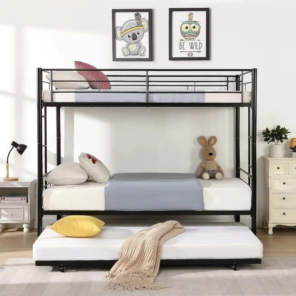 Twin Over Twin Bunk Bed Frame with Trundle,Metal Bunkbed Bedframe with Sturdy Guard Rail and 2 Ladders for Kids/Adults,Can be Di 6
