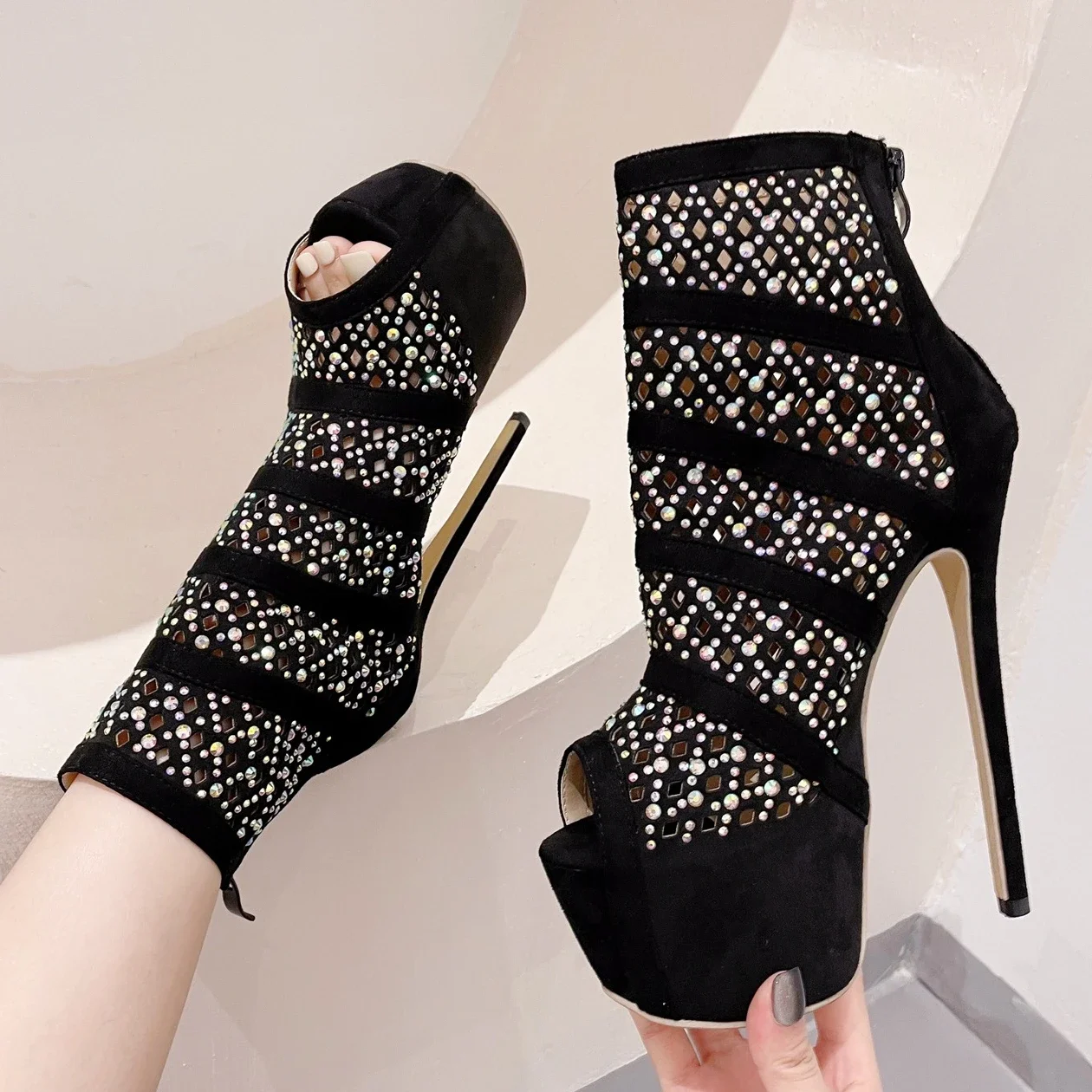 

Женские полусапожки с открытым носком, сетчатые полусапожки на высоком каблуке, с молнией, модная обувь для танцев на шесте