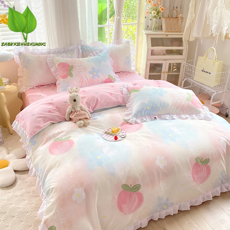 

Ins Style Duvet Cover Set with Flat Sheet Pillowcases Cute Peach Flower Printed Single Double Queen Size Children Bedding Kit