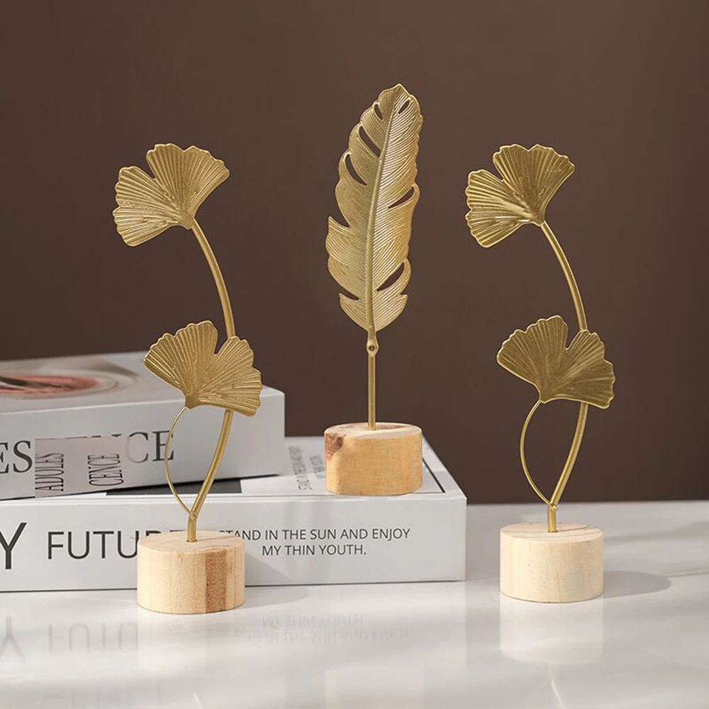 

Iron Art Ginkgo Leaf Decoration Office Desktop Crafts Figurines Home Decoration Wooden Ornaments Living Room Table Crafts 1pcs