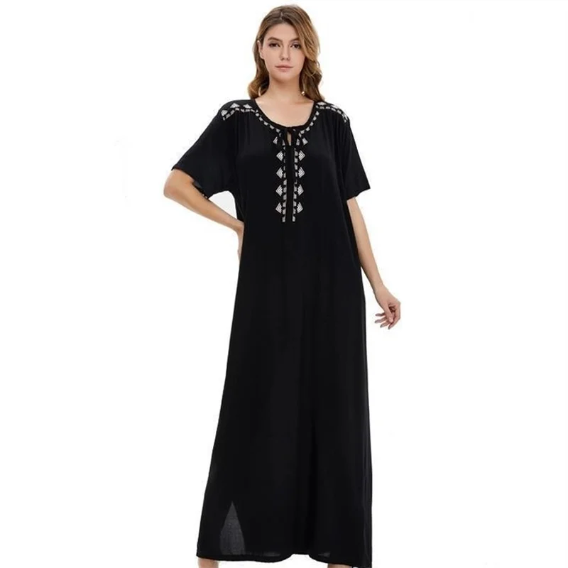 Dubai Turkish Muslim Abaya Femme Solid Color Short Sleeve Loose Fashion Women's Dress Middle East Saudi Arabia Islamic Clothing