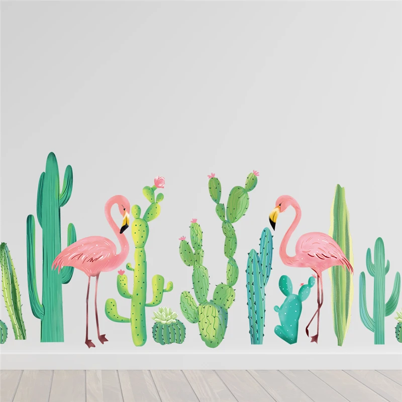 

Cartoon Flamingo Cacti Flower Wall Stickers For Shop Office Studio Decoration Pastoral Plant Mural Art Diy Home Decal Pvc Poster