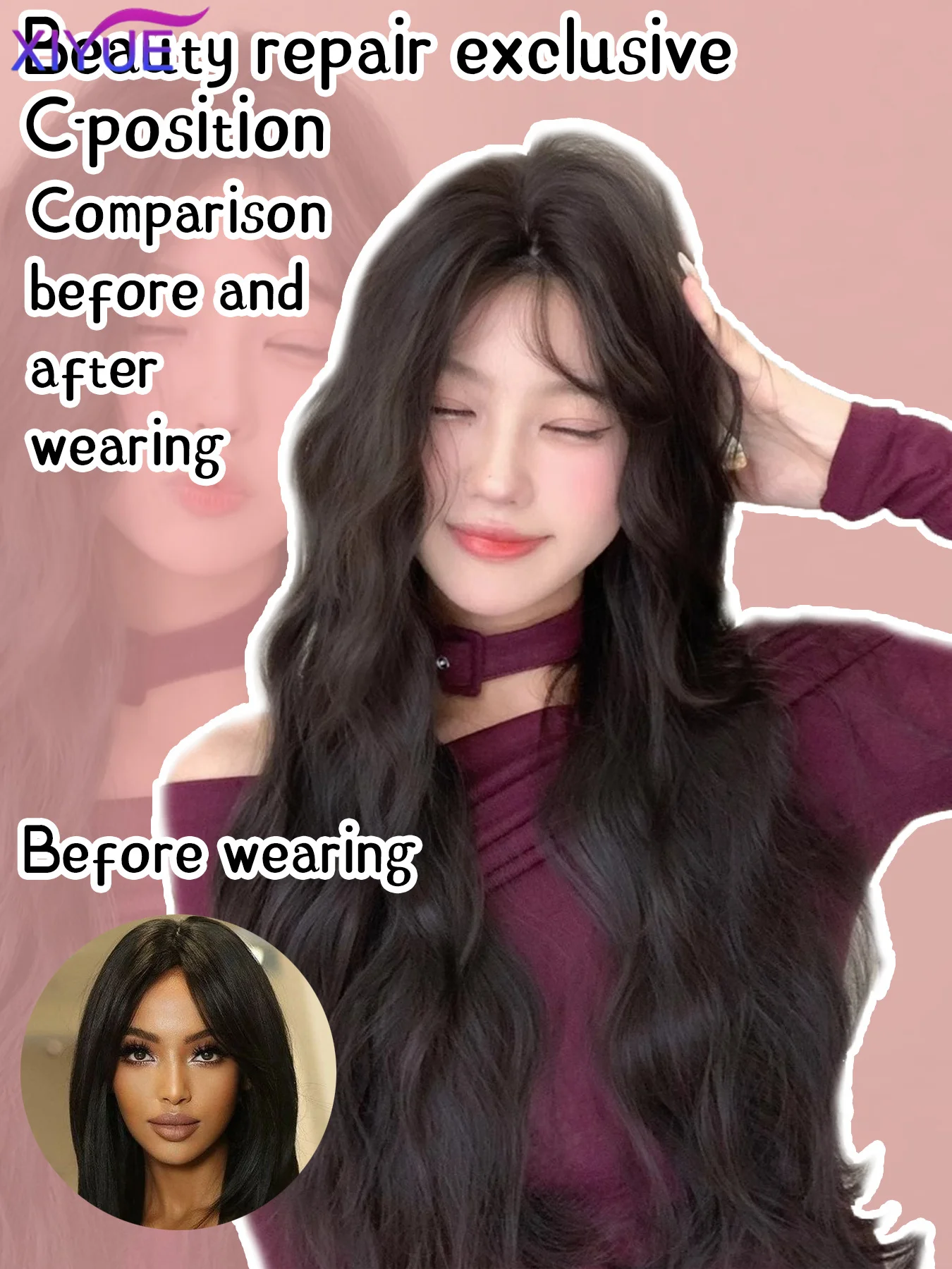 XIYUE Synthetic Lace Frontal Wig Long Curly Hair Women Wig with Bangs Black Lolita Cosplay Braided Wigs