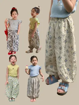 2025 Pantaloni estivi per bambini con stampa floreale 1-8Y Pantaloni larghi casual per ragazze Pantaloni sottili antizanzare per bambini 1