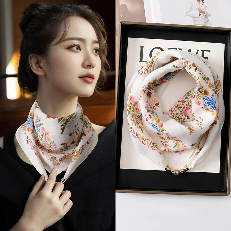 New Warm Square Scarf Magnetic Button Triangle Scarf Cotton Women's Spring, Autumn, And Winter Western Style Neck Style Ve