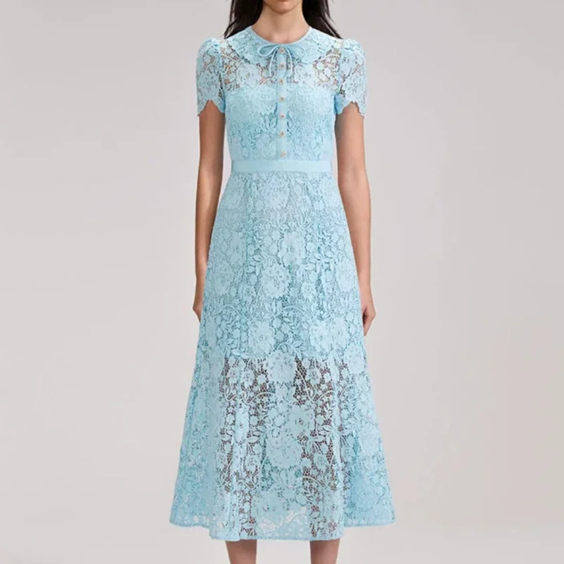 

2023 New Women Blue Lace Hollow High Waist Short-sleeved Doll Collar Dress