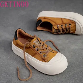 GKTINOO 정품 가죽 레이스업 여성 신발, 용수철 가을, 심플한 바느질, 수제 레트로 플랫폼 스니커즈, 2024 신상
