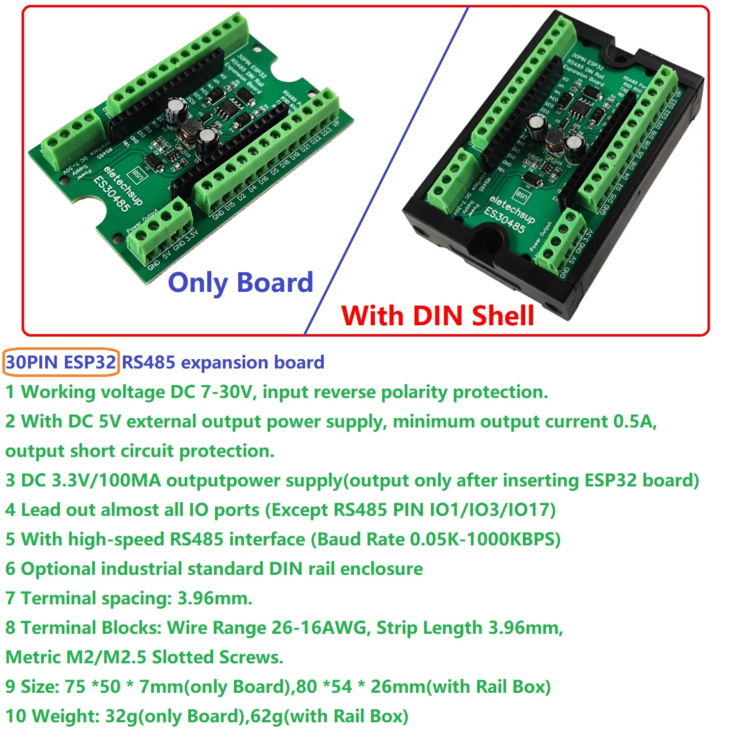 RS485 ESP32 DIN 레일 장착 확장 보드 DC 7-30V 전원 입력 5V 3...