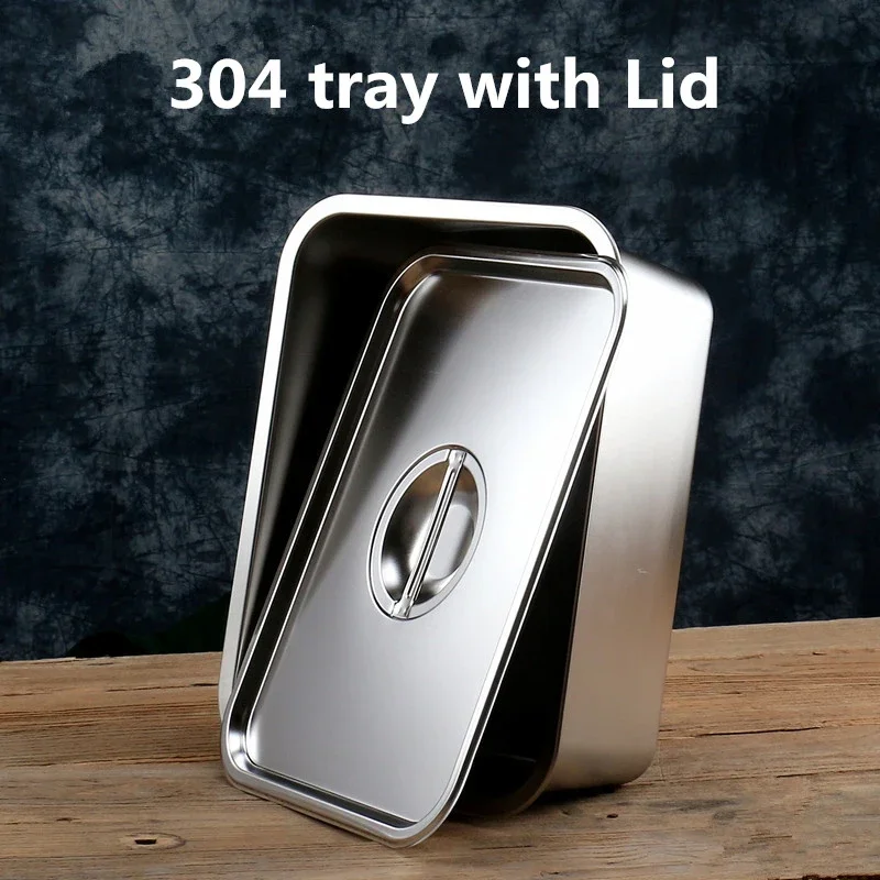 304 Stainless Steel Flat Bottom rectangle Square Basin with Covered Dish Buffet Plate food Basin Grilled Plate bbq storage tray 6