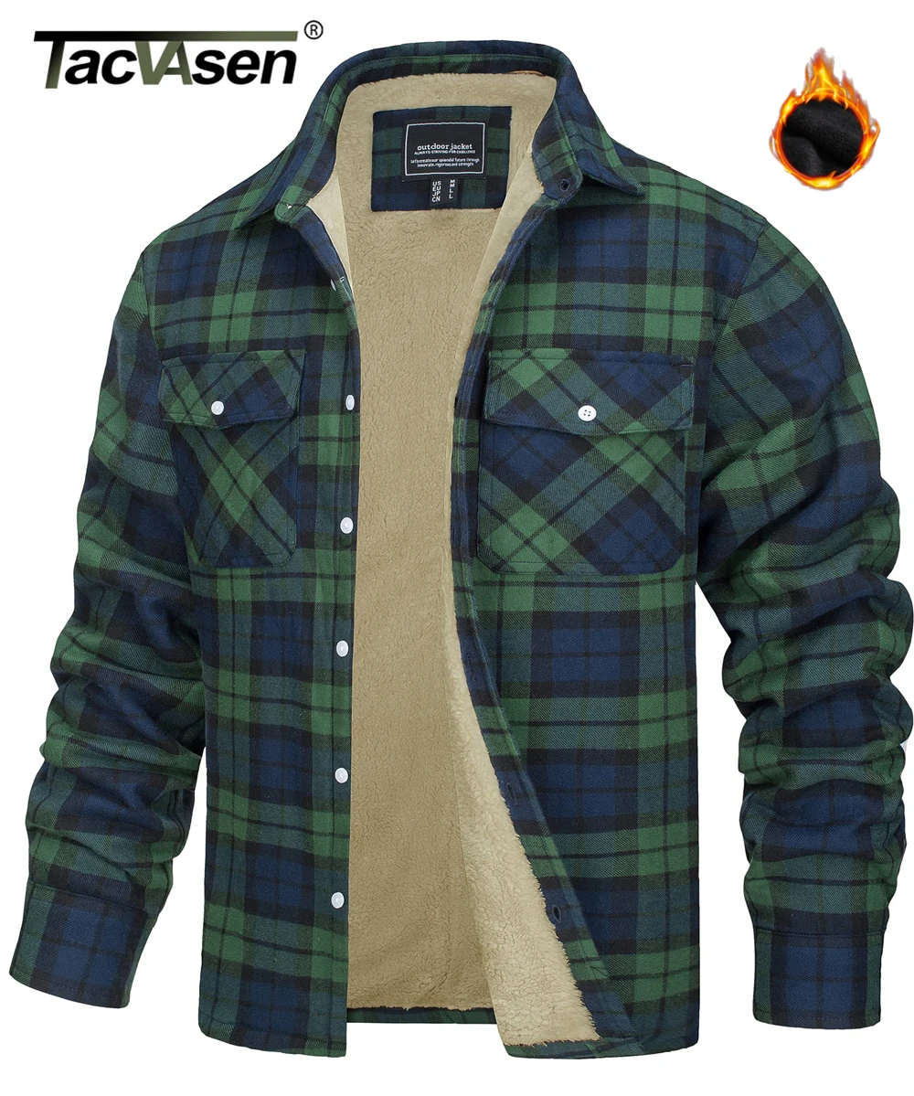 TACVASEN Fleece Lining Jackets Mens Flannel Cotton Jackets Plaid Casual Button Down Cargo Work Coats Thicken Outwear Man Tops 2