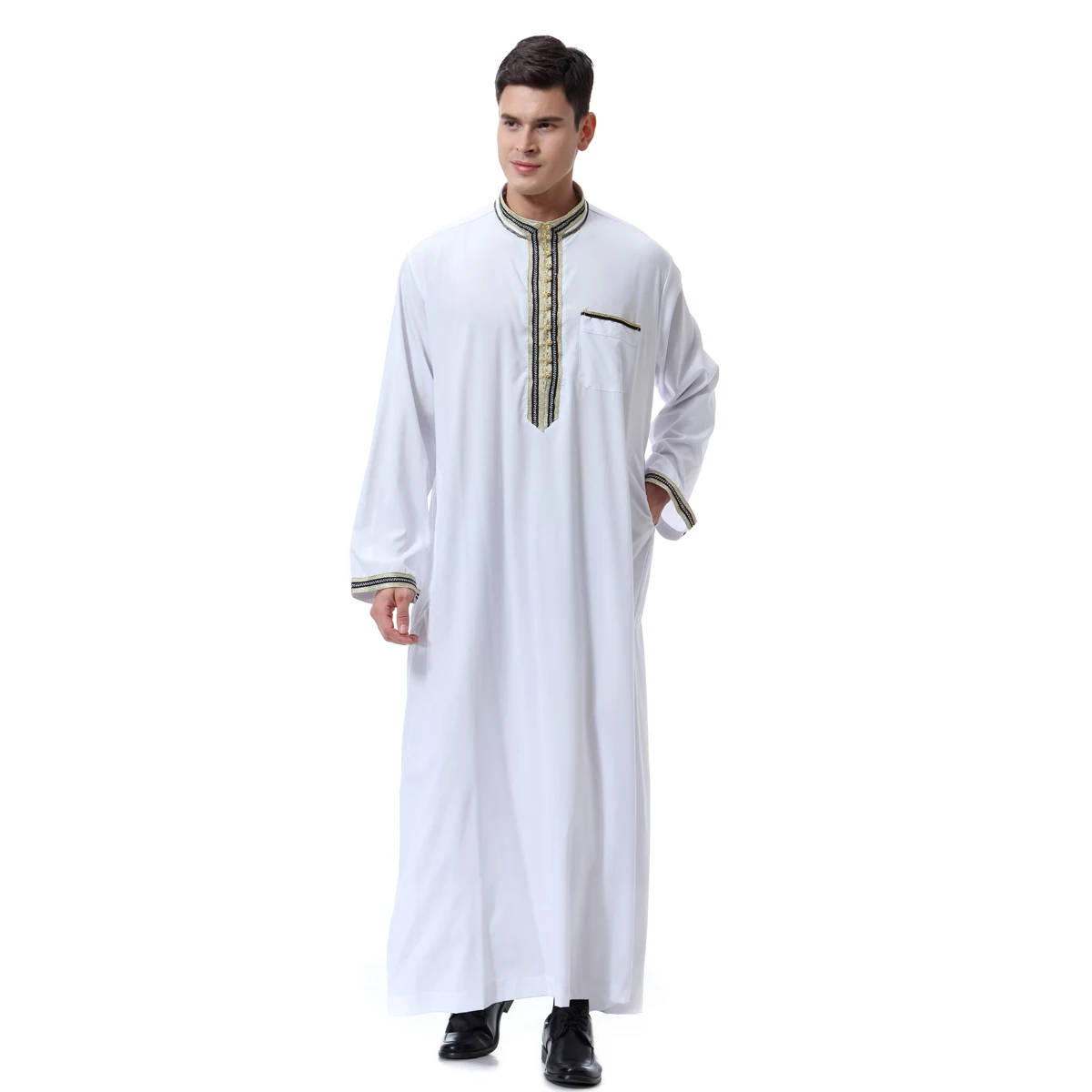 

Men Dubai Saudi Arabic Thobe Kaftan Abaya Long Sleeve Robe Thoub Daffah Dishdasha Muslim Dress Eid Jubba Ramadan Islamic Clothes