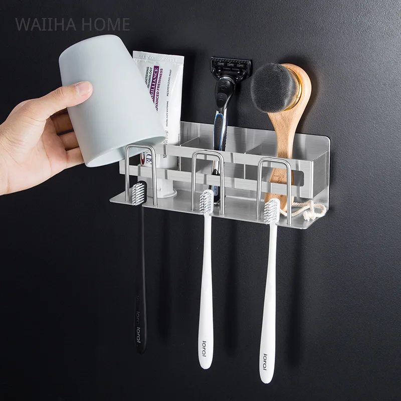 Stainless Steel Cup Holder Wall Mounted Toothpaste Rack Toiletries Storage Rack Bathroom Multifunctional Toothbrush Holder