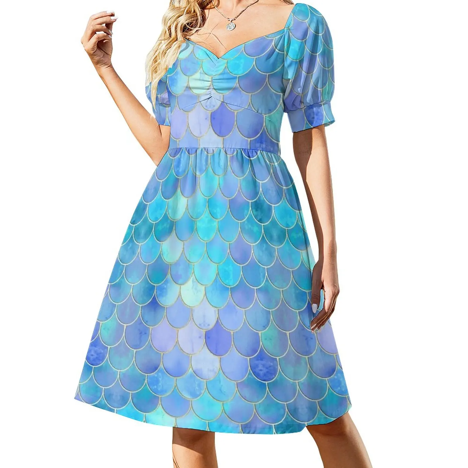 

Aqua Pearlescent & Gold Mermaid Scale Pattern Dress long sleeve dresses evening dresses women