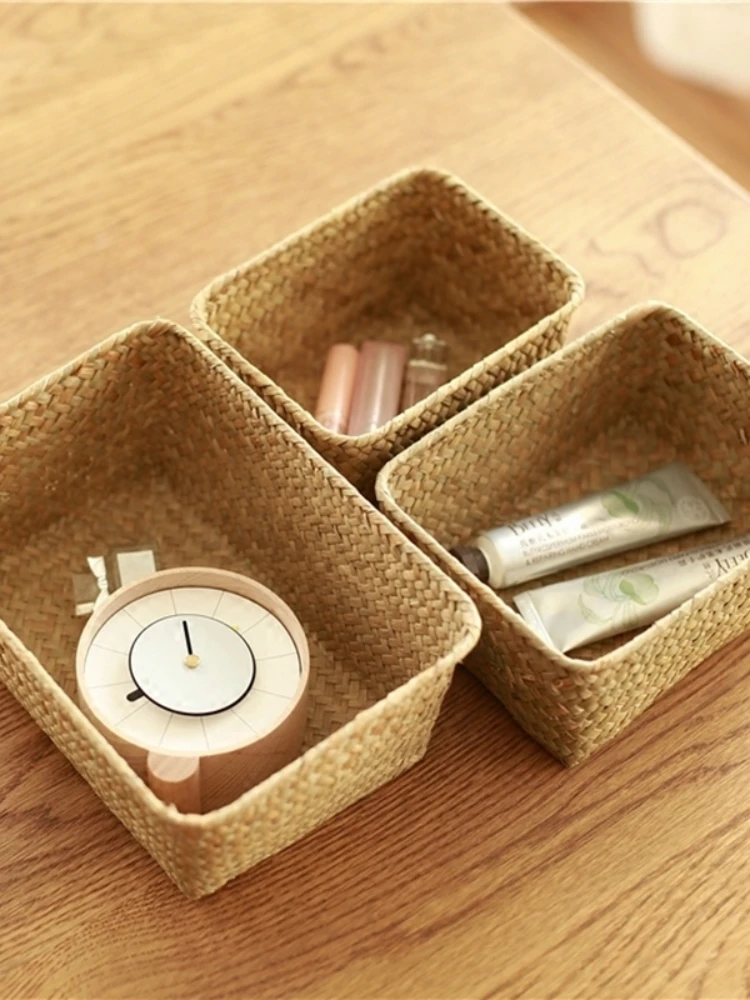 Woven Seagrass Storage Baskets Fruit  Box Cosmetic  ContainerStraw Rattan  Desk Organizer Picnic  2