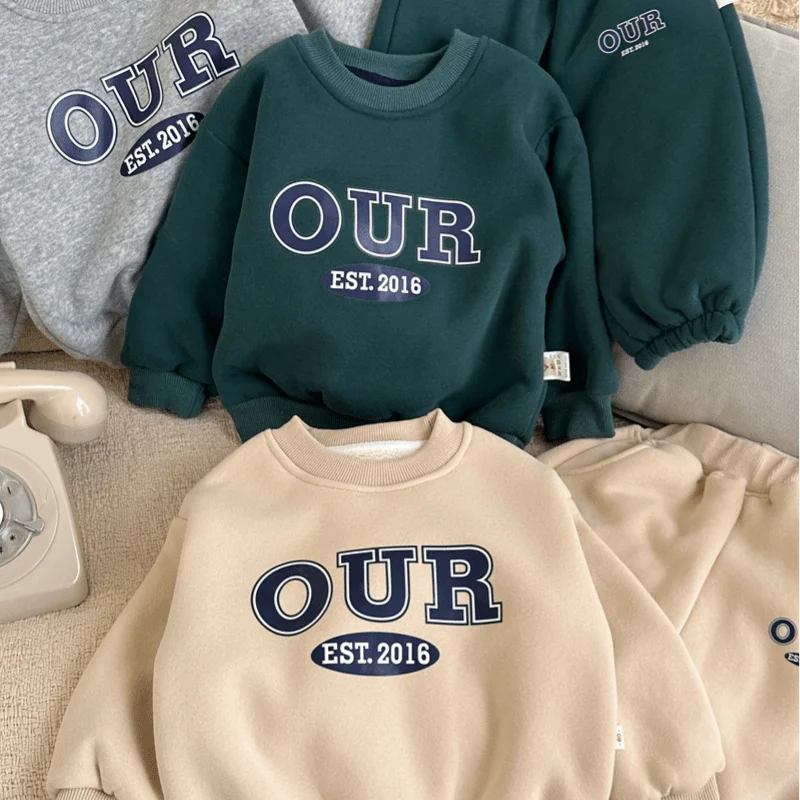 Baby Girl Boy Fleece Inside Clothes Set Hoodie+Pant Child Long Sleeve Clothing Suit Casual Letter Pullover Baby Clothes 18M-7Y